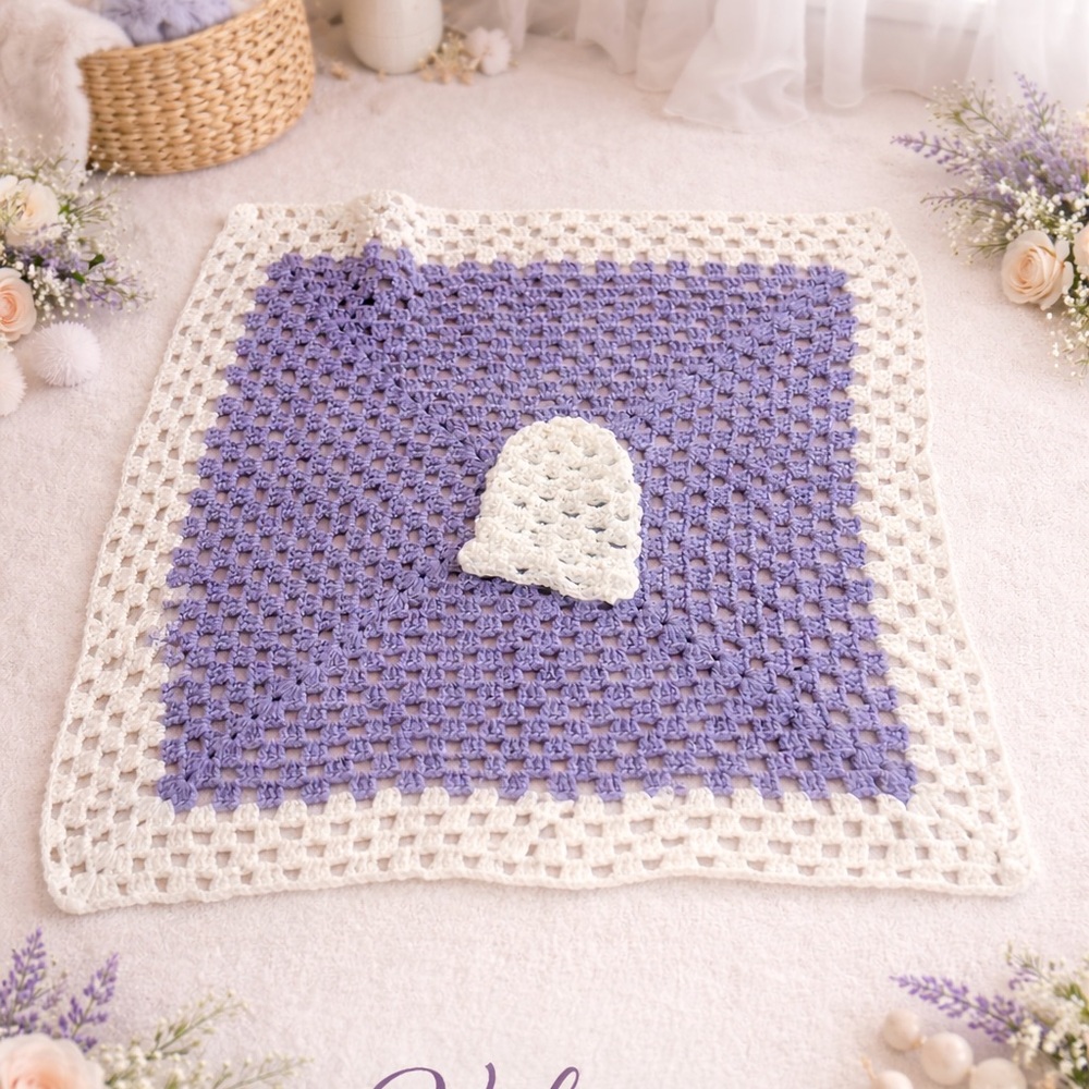 Handmade Purple and White Crochet Blanket